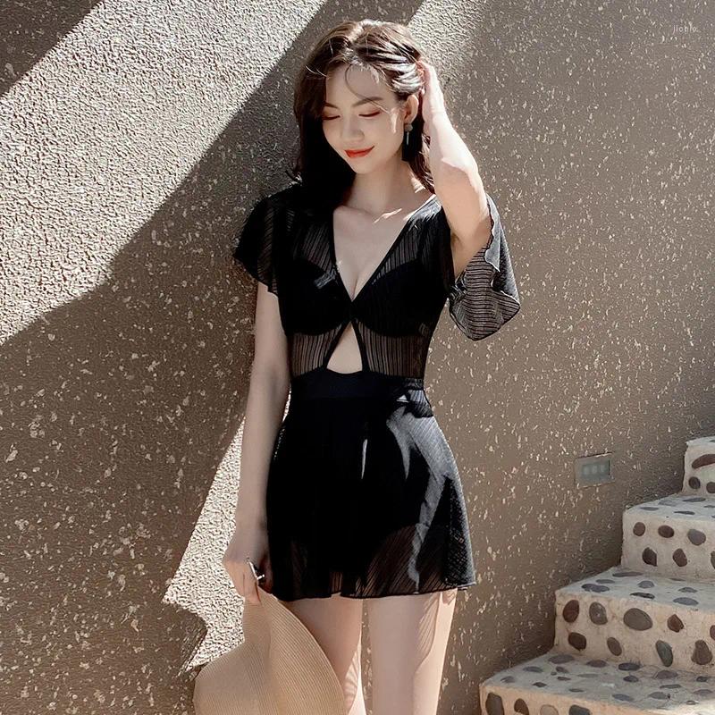 Womens Swimwear Korean One-piece Swimsuit Women Black White Sexy Lace Mesh High Waisted Summer Beach Holiday Slimming Bathing Suit 2024