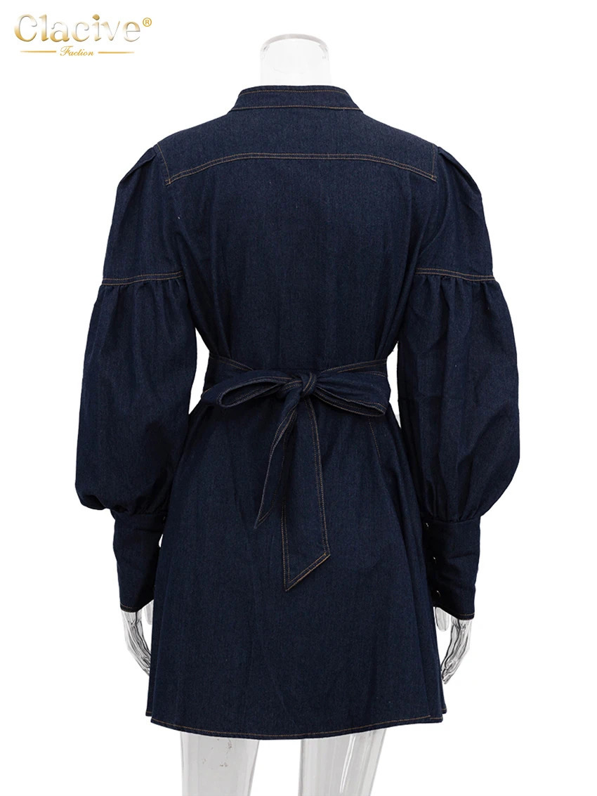 Clacive Fashion Slim Blue Denim Womens Dress 2024 Elegant Stand Collar Long Sleeve Mini Dresses Vintage High Waist Female Dress 241126