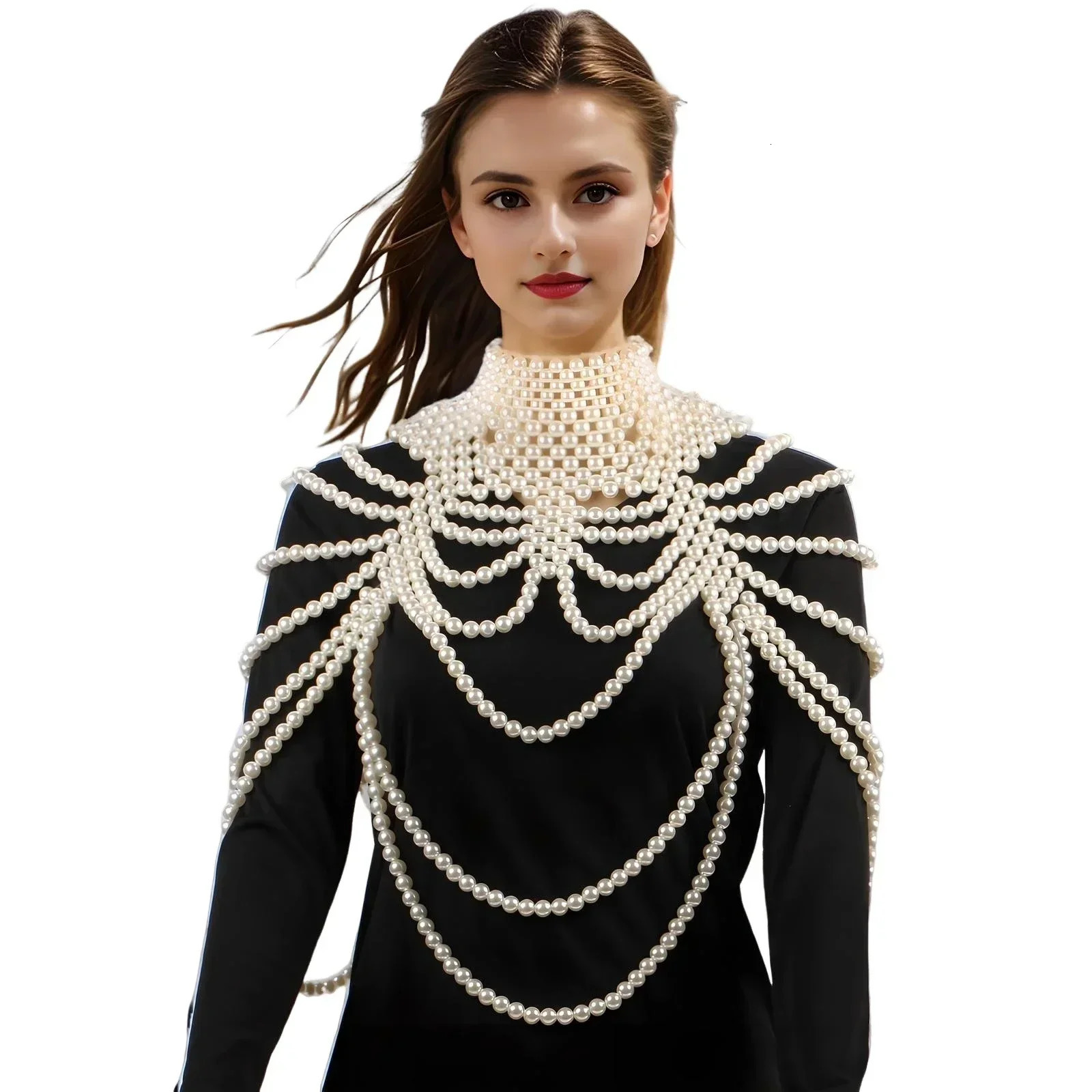 Big Large Pearl Necklace Body Chain for Women Beads Statement y Crop Top Bra Mesh Choker Shoulder Shawl Jewelry Costume 241122