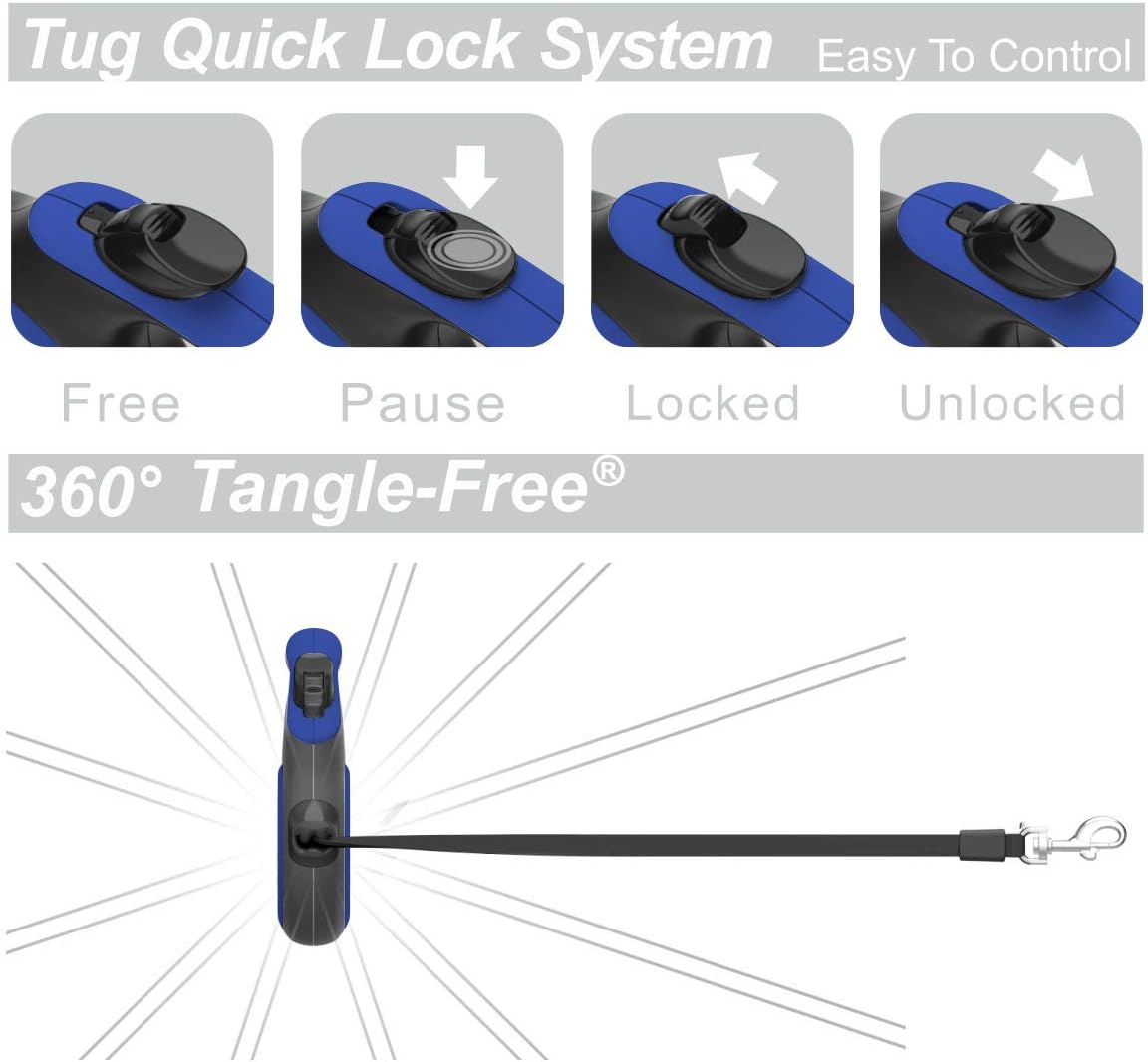 TUG 360 Tangle-Free Retractable Dog Leash with Anti-Slip Handle 16 ft Strong Nylon Tape | One-Handed Brake, Pause, Lock
