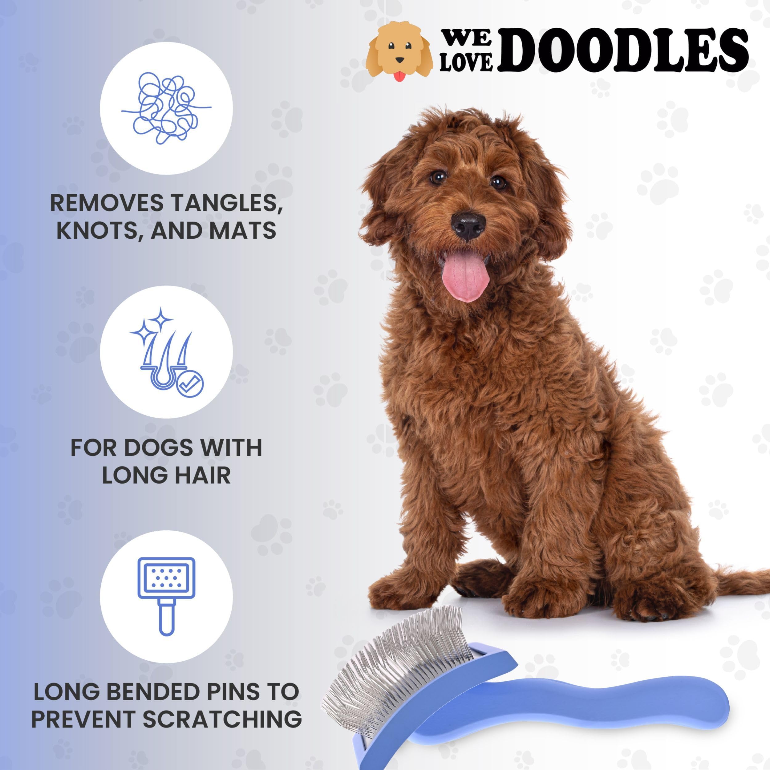 We Love Doodles Dog Slicker for Grooming Pet Hair Best Brushes Poodle & Golden Doodle Haired Dogs - Goldendoodle Long Pin Brush For Dematting