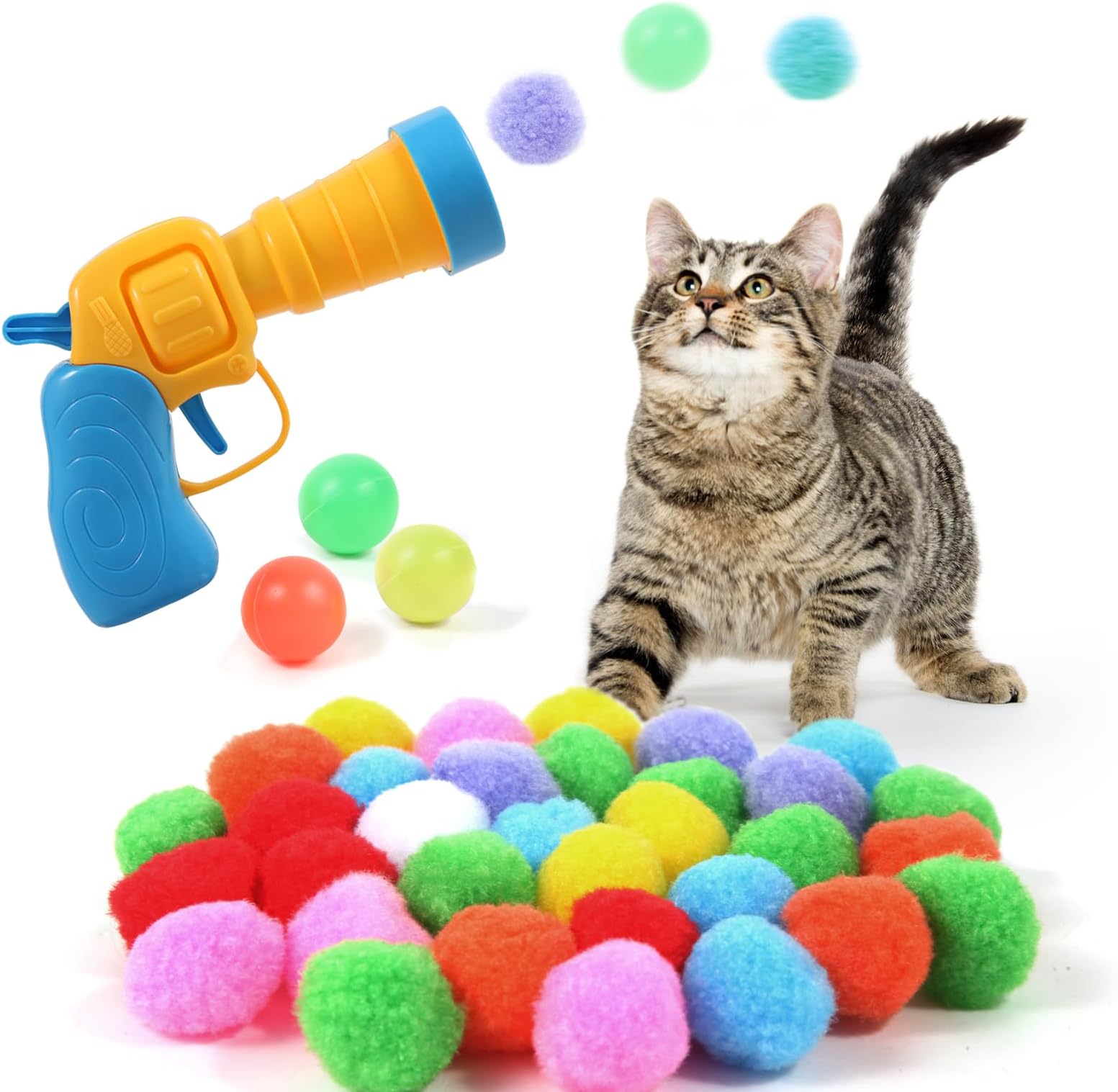 JPTECY Cat Ball Toy Launcher Gun 34pcs Cat Toys for Indoor Cats Interactive Cat Toy Kitten Toys Cat Balls Fetch Toy Cute Cat Toys Cat Ball Launcher, C
