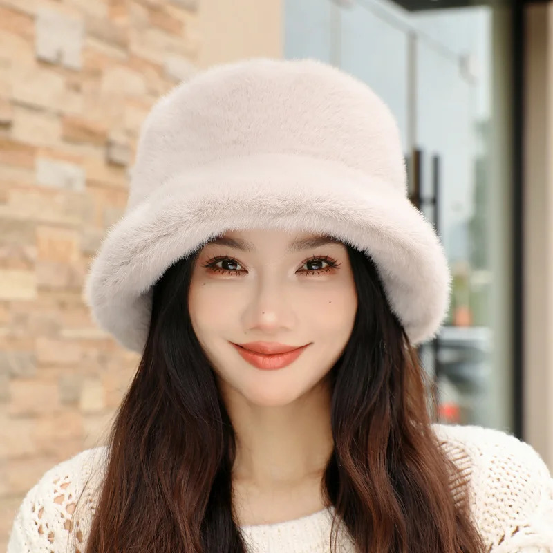 Womens bucket hat fluffy faux fur hat womens plush fisherman hat warm winter hat thick snow Panama hat 241127