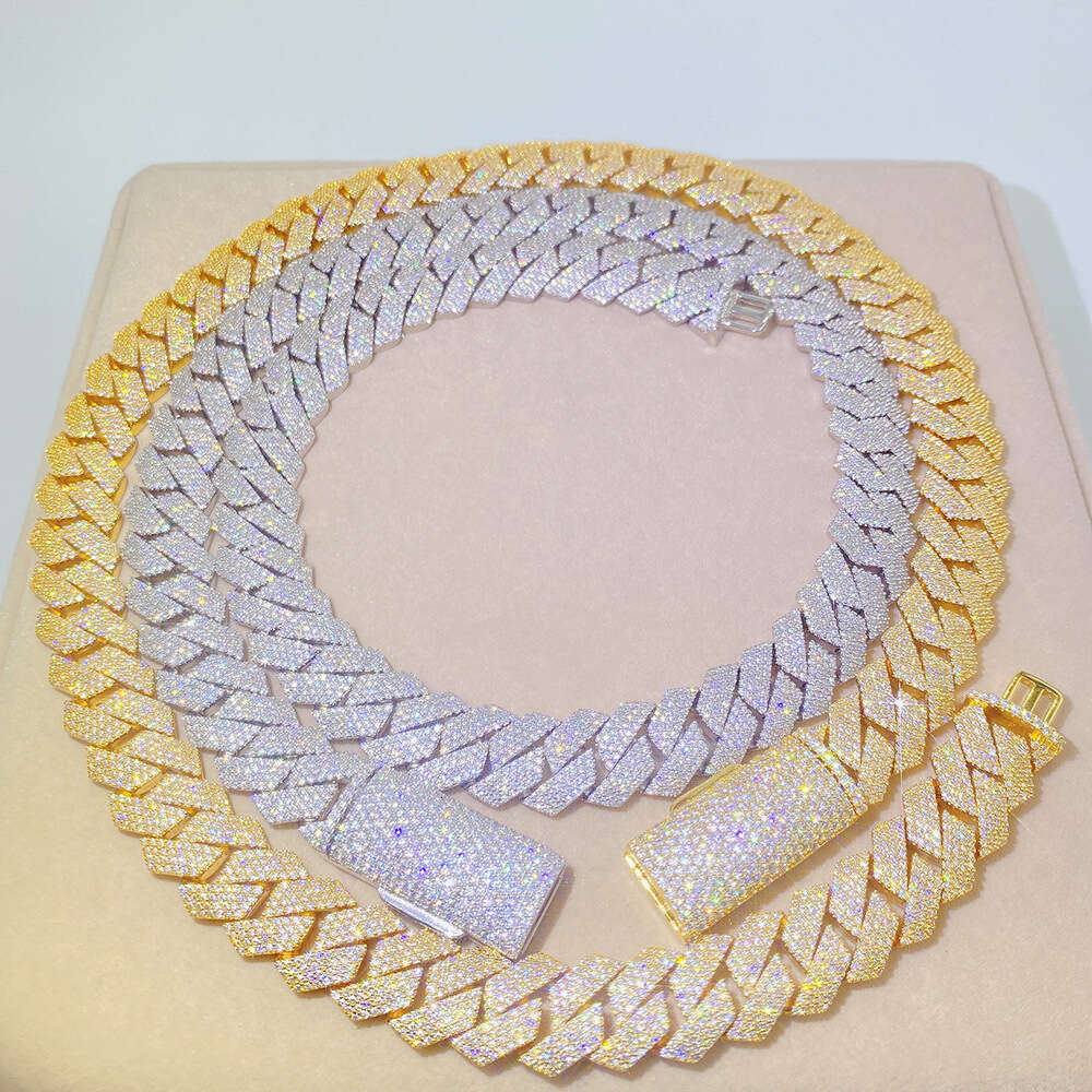 Thick 15mm S925 Sterling Silver Full 4 Row Bling Vvs Moissanite Open Buckle Iced Out Gold Diamond Miami Cuban Chains