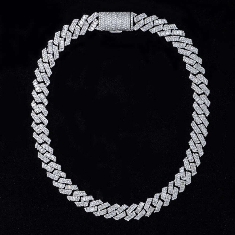 Prong Custom Diamond 925 Pure Sterling Silver Gra Heavy Vvs 15mm Moissanite Cuban Baguette Link Chain
