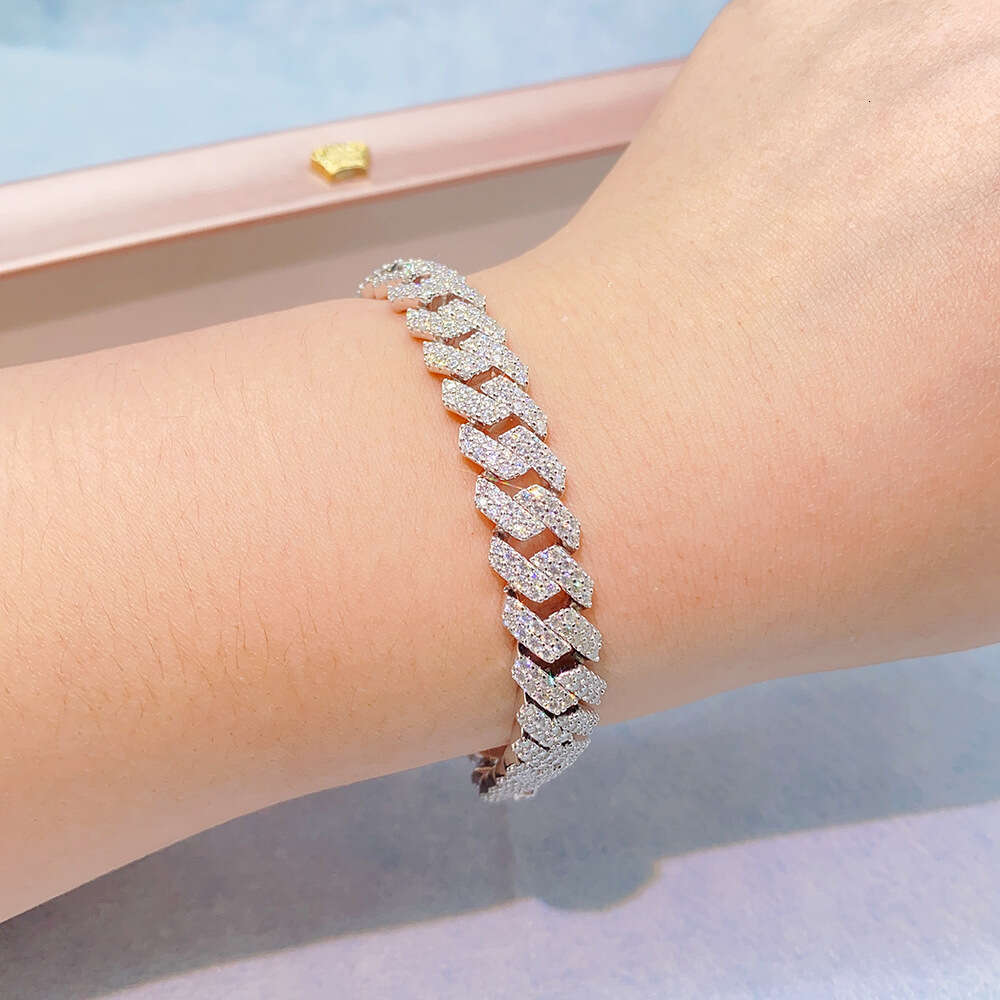 2023 925 Solid Silver Rose Gold Plated Iced Out Hip Hop Fire Jewelry Vvs Moissanite Diamond Cuban Link Chain Bracelet Man