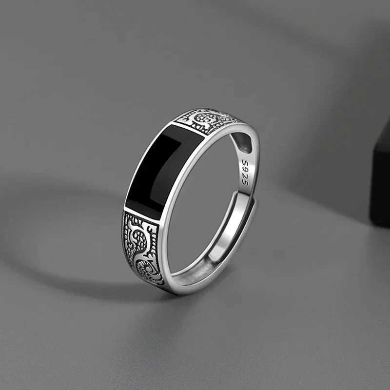 Tren Silver Sterling Silver Ring For Men Jewelry Black Rectangle Retro Dragon Pattern Ring Male Infex Finger Accories OpenXJ241127