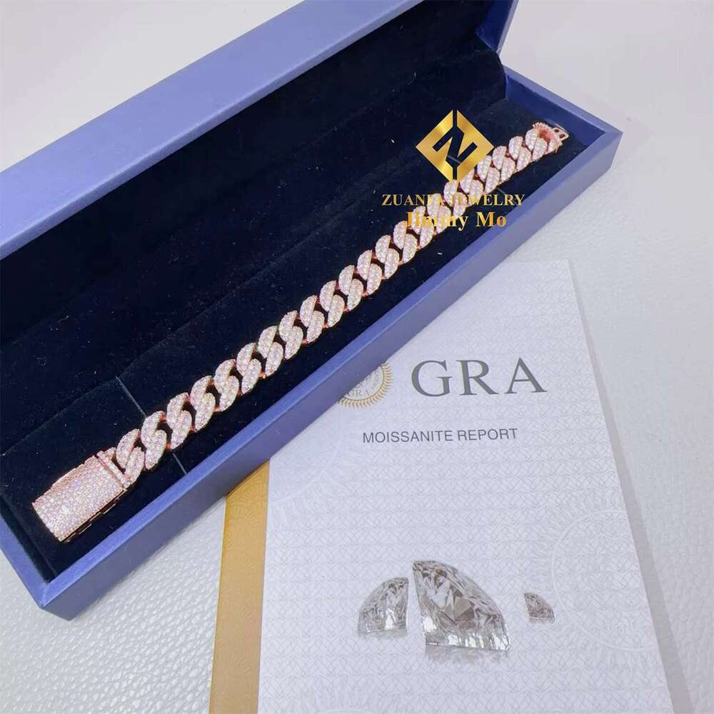 Solid Sier Rose Gold Plated Iced Out Hip Hop Fire Jewelry VVS Moissanite Dia Cuban K Chain Bracelet Man