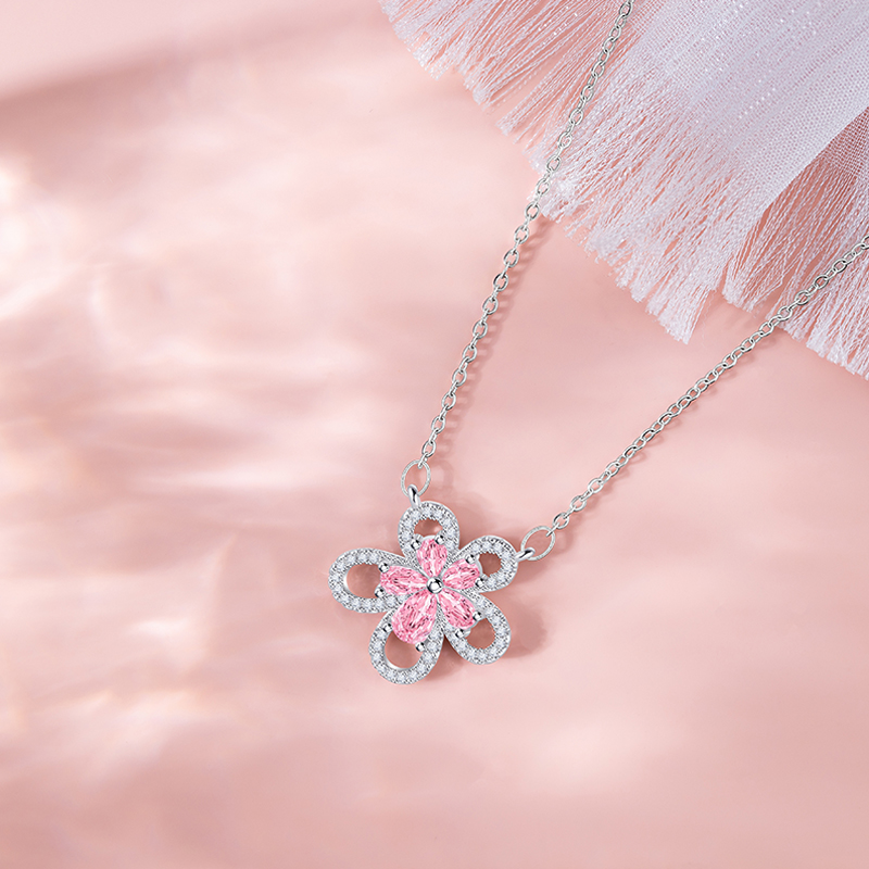 Chic Women's Small Clearance Pink Zircon Flower Choker Necklace in Stainless Steel