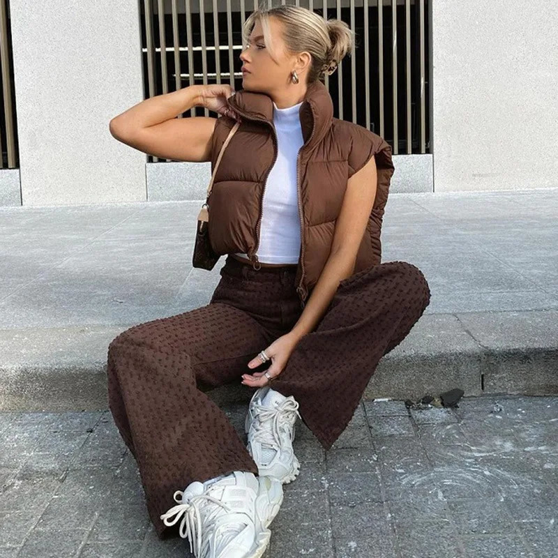 Winter short sleeved sleeveless vest for women warm stand up collar zipper jacket casual and fashionable quilted cut jacket street jacket 241126