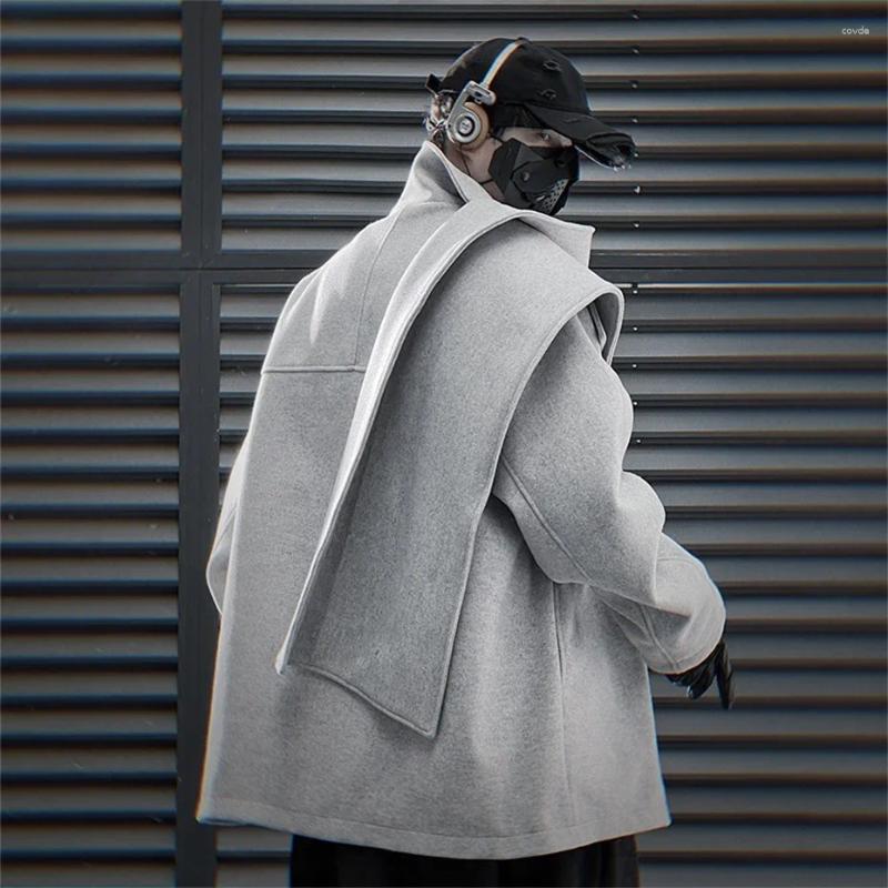 Men's Woolen Oversized Turtleneck Jacket With Scarf Design - Black, Haruku Streetwear For Spring