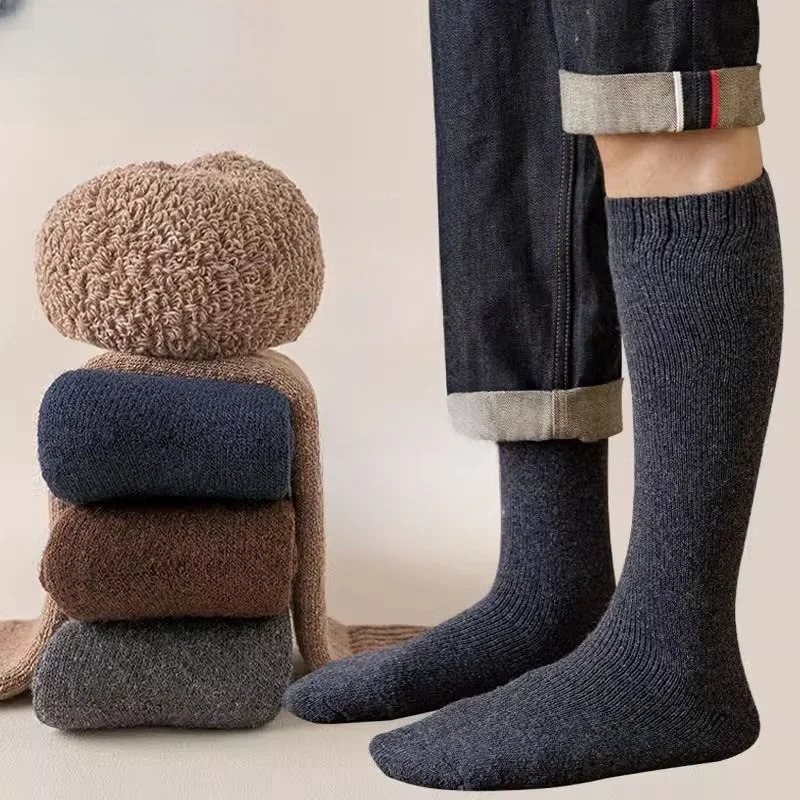 3 Pair Winter Thick Warm KneeHigh Mens Wool Socks Merino Calf Casual Cashmere Terry Fashion Stockings Men 241112