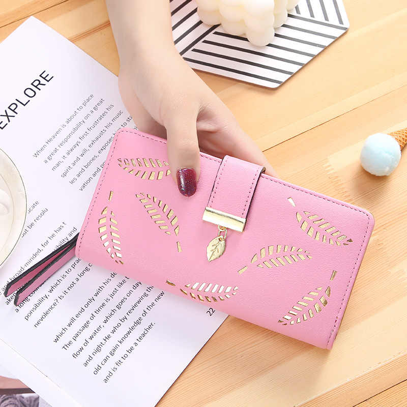 Korean Styles Long Leather Wallets Leaves Hollow Out Handbags Zipper Buckle Ladies Purse Wallet Wholesale and Retail
