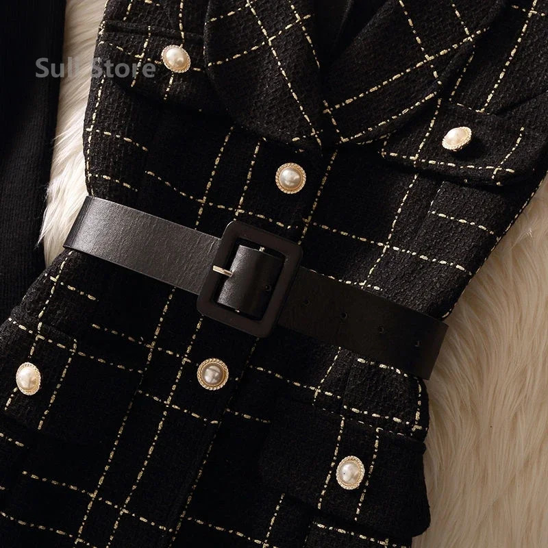 Retro medium length 75cm plain weave tweed vest jacket womens 2-piece set elegant pearl button waistband unlined coat knitted sweater 241126