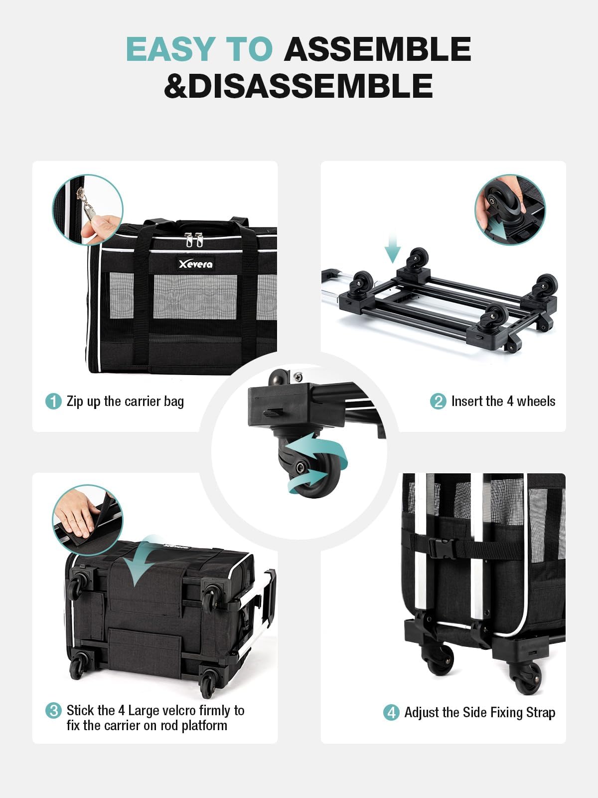 Xevera Cat Dog Carrier with Wheels Airline Approved Rolling Pet Carrier with Telescopic Handle, Shoulder Strap and Pet Bowl