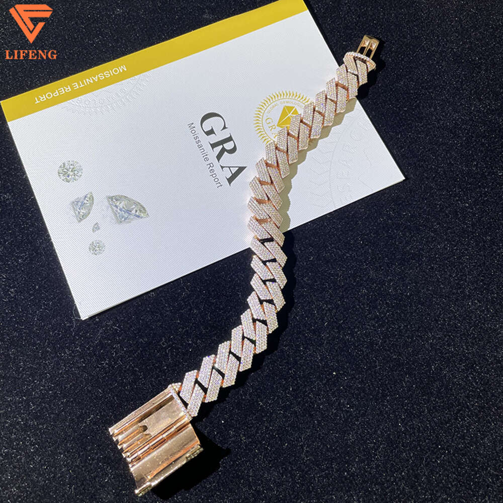 Factory Price15mm Width 925 Solid Silver Iced Out Hip Hop Jewelry Moissanite Cuban Link Chain Bracelet Men
