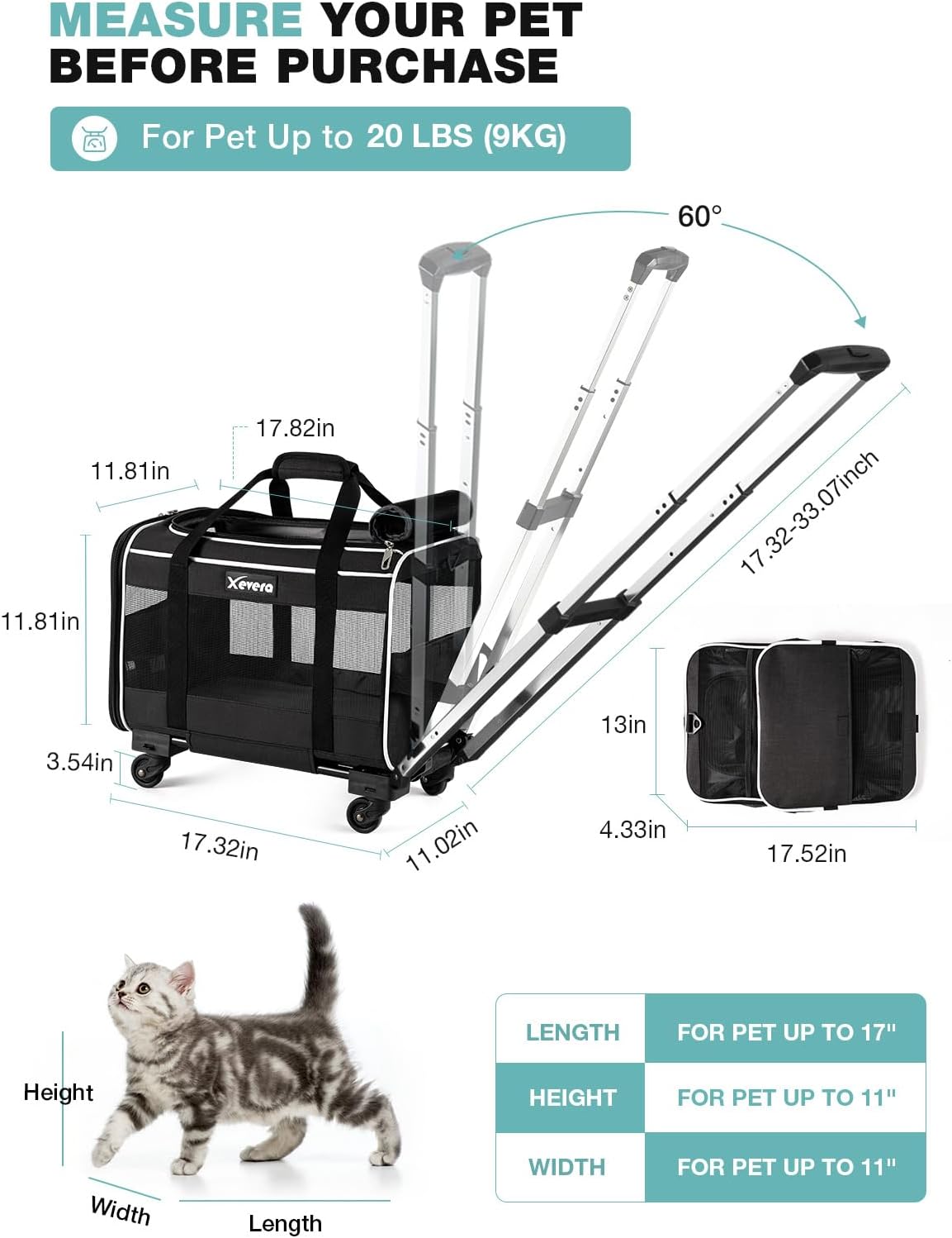 Xevera Cat Dog Carrier with Wheels Airline Approved Rolling Pet Carrier with Telescopic Handle, Shoulder Strap and Pet Bowl