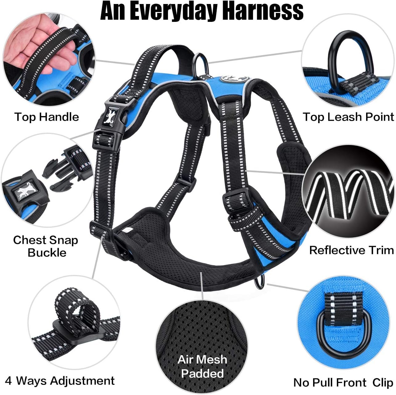 PoyPet No Pull Dog Harness, Reflective Comfortable Harness with Front & Back 2 Leash Attachments and Easy Control Handle Adjustable Soft Padded Pet Ve