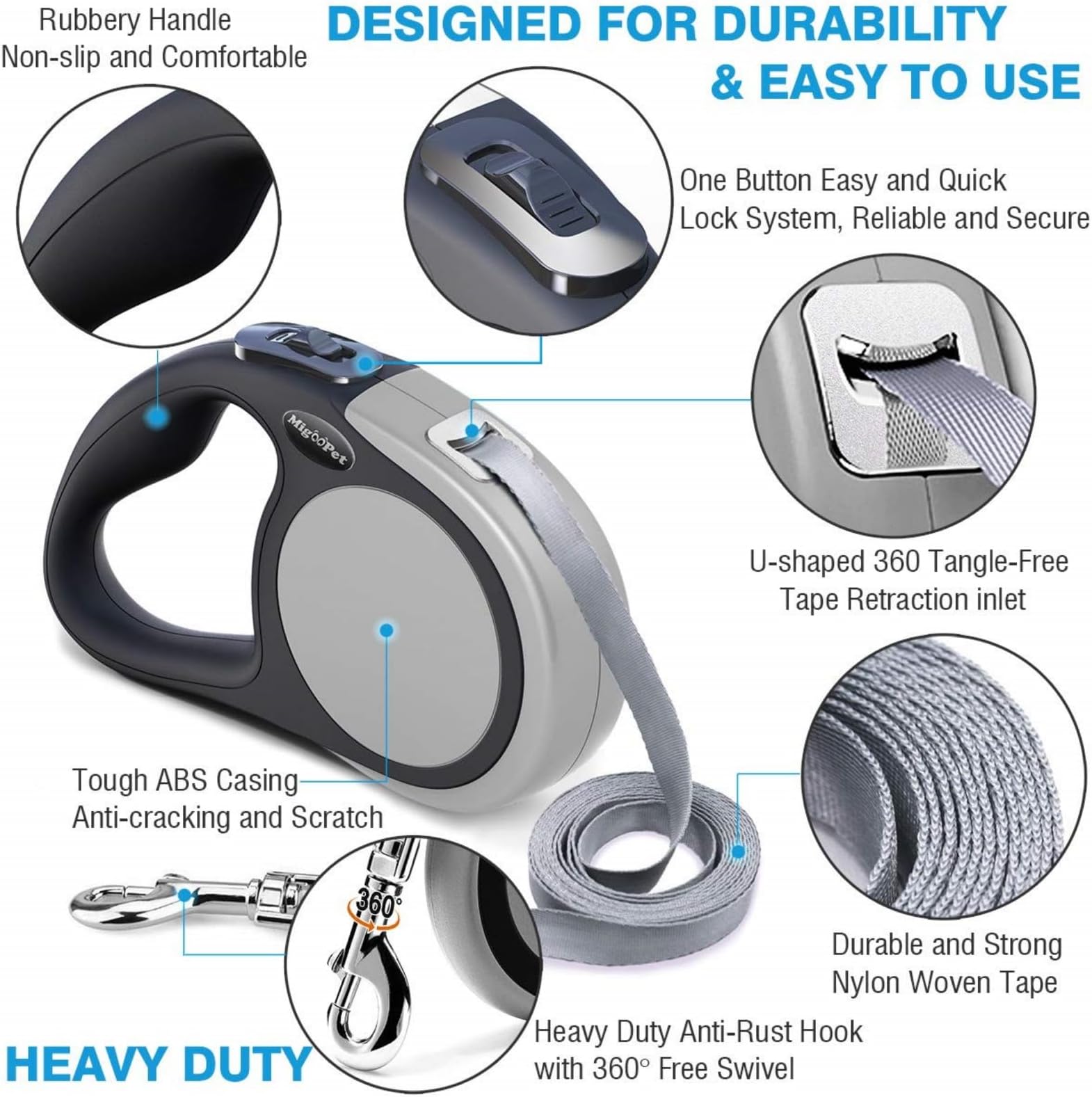 Heavy Duty Retractable Dog Leash-16ft Strong & Durable Walking Leash for S L Dogs up to 45/115 lbs, Upgraded Lock System, Non Slip Grip, Tangle Free