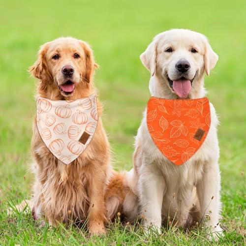 JarThenaAMCS 2Pcs Fall Reversible Bandana Pumpkin Polka Dot Autumn Leaves Gingham Triangle Scarf Orange Adjustable Pet Neckerchief Bibs for Dog Cat Co