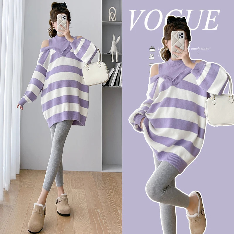 Pregnant womens shoulder strap two-piece sweater fashionable pregnant women pull up loose and fashionable pregnant womens clothing top 241126