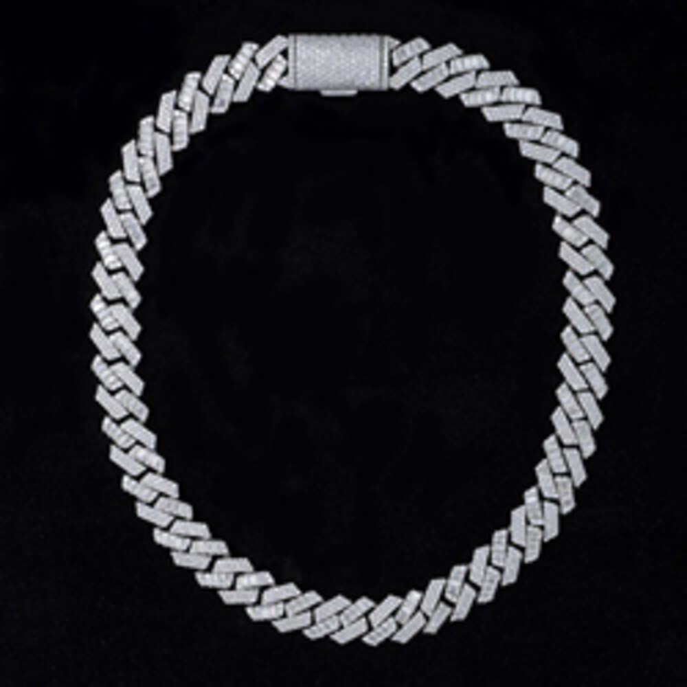 Prong Custom Diamond 925 Pure Sterling Silver Gra Heavy Vvs 15mm Moissanite Cuban Baguette Link Chain
