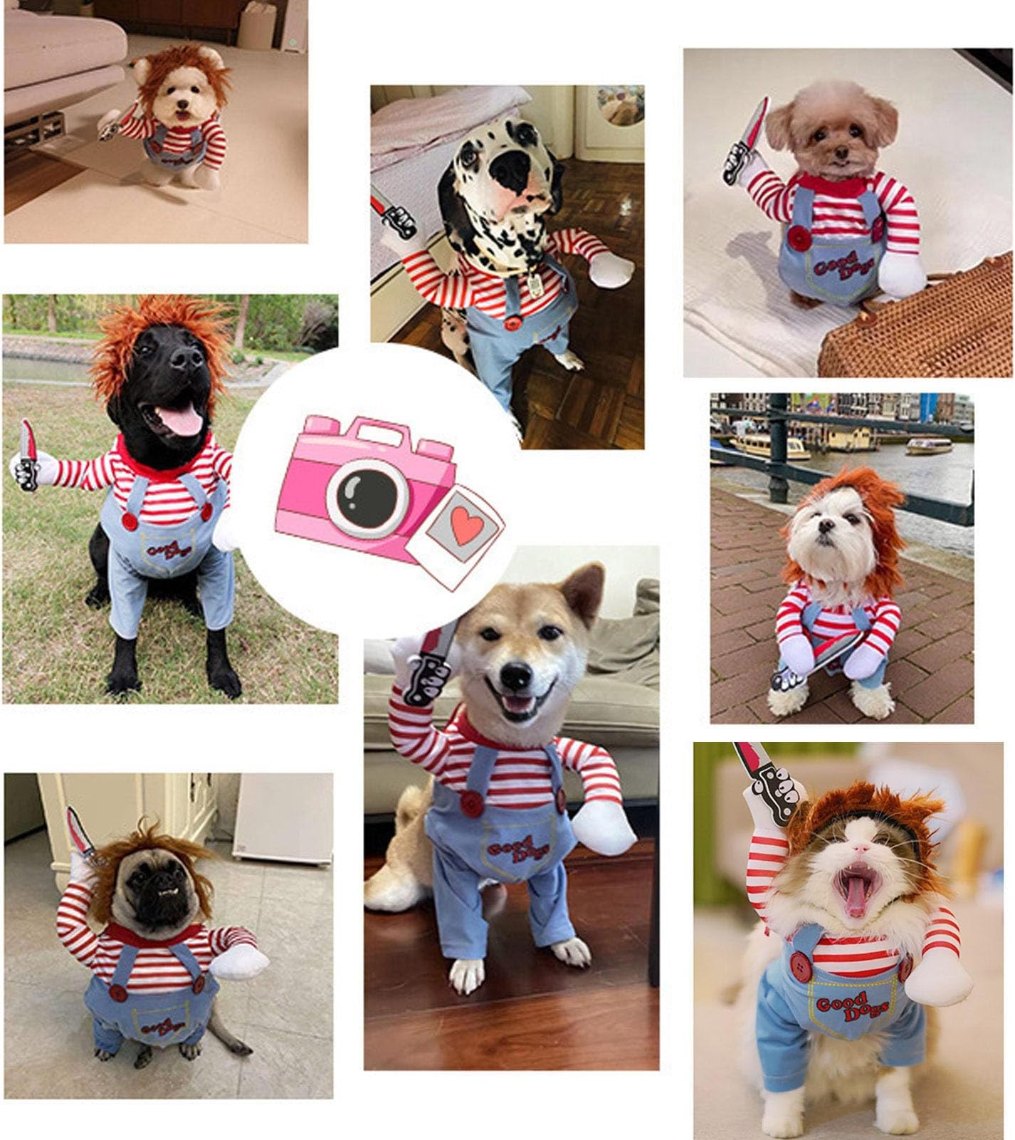 Pet Deadly Doll Costume, Novelty Cosplay Funny Halloween Costumes, Cute Clothes for Small Large Dogs Cats Puppy, Party Dress Up Cool Dog Outfit Scary 