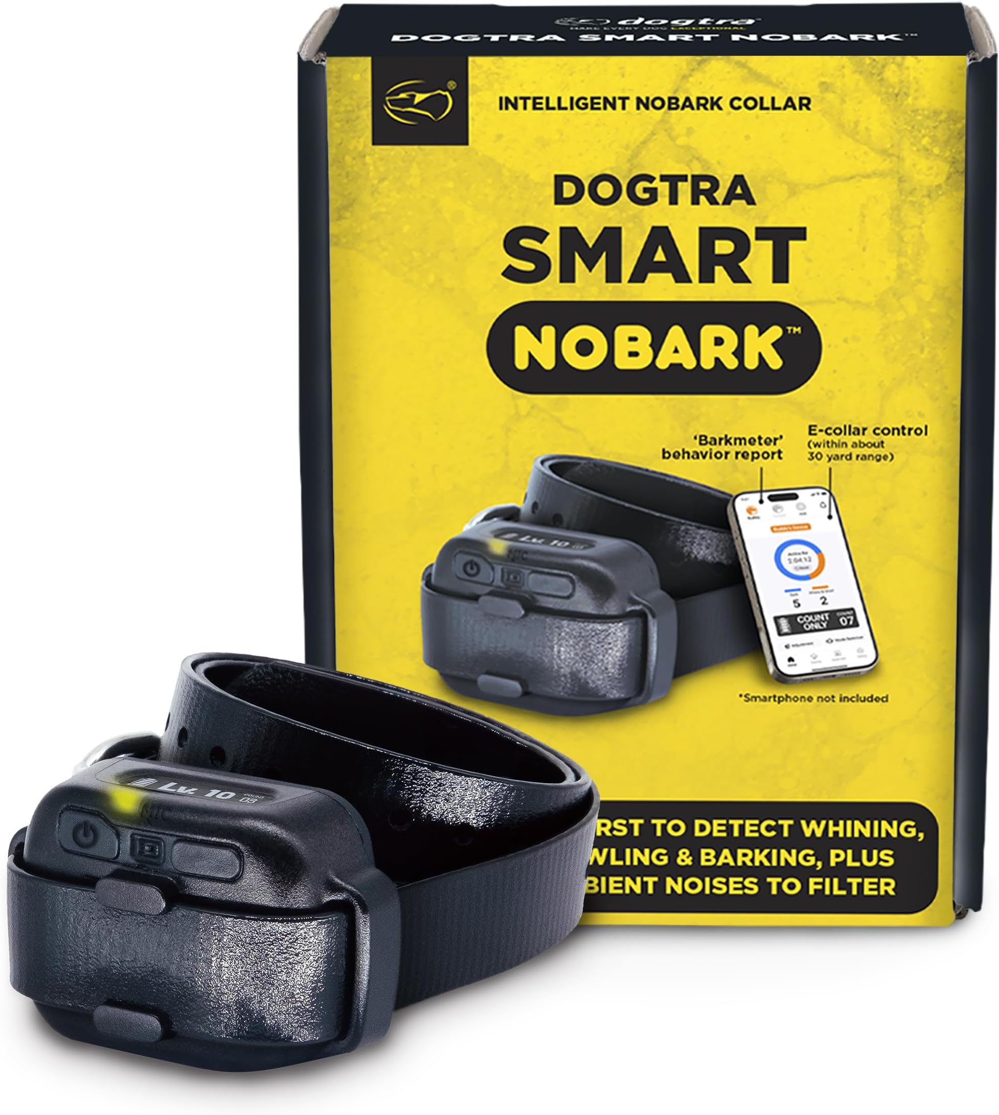 Dogtra Smart NOBARK, detects Whining and Barking, App Control e-Collar, Usage Notification, Behavior Report, Waterproof(IPX9K), 30 Yard Range, Compact