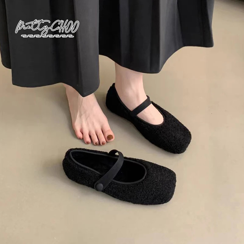 Square Toe Cosy Lambswool Ballet Flats Woman Warm Teddy Fur Mary Jane Shoes Ladies Elegant Fluffy Plush Loafers 241127