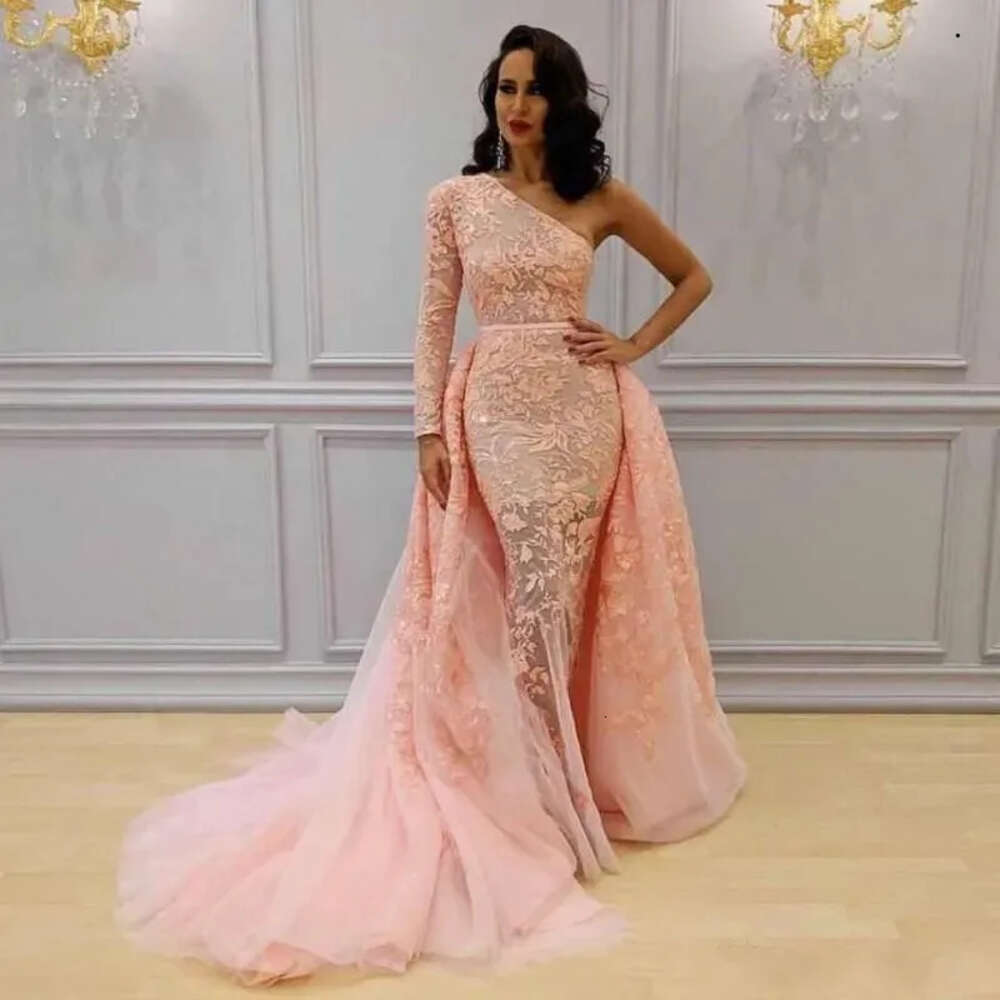 African Peach Pink Overskirts Yousef Aljasmi Prom Dresses Long One Shoulder Mermaid Evening Dress Lace Tulle Party Gowns