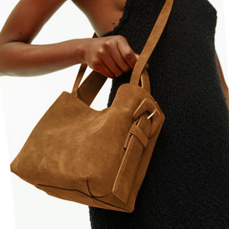 Autumn Winter Fashion Frosted Imitation Suede Single Shoulder Bucket Bag Casual Simple Large Capacity Handbag For Women Microfiber BagVoyage