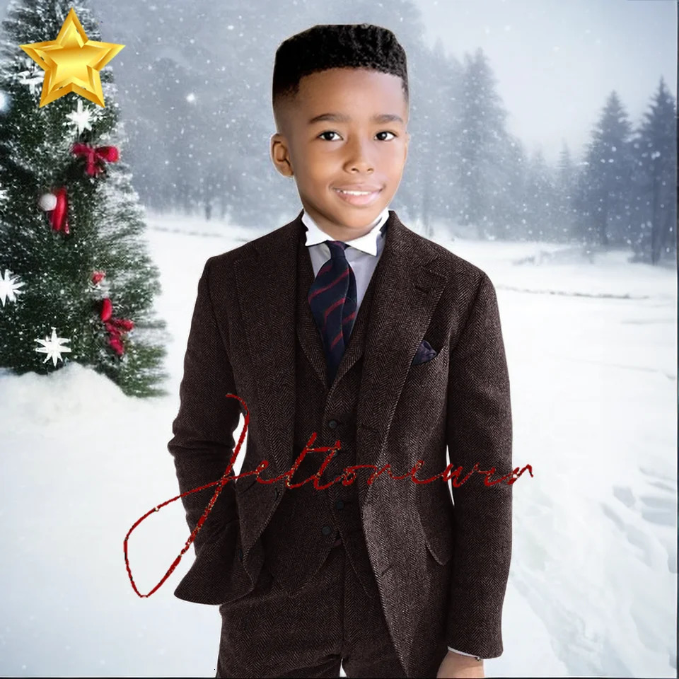 Gray Wool Tweed Winter Boy Suits For Wedding Formal KidsTuxedo Herringbone Child Fashion 3 Piece Jacket Vest Pants 241126