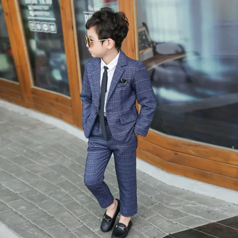 Kids Pant Blazers Set Spring Autumn Boys Casual 2pcs Suits Jackets Plaid Single Button Children Party Wedding Clothes 3-11y 241126