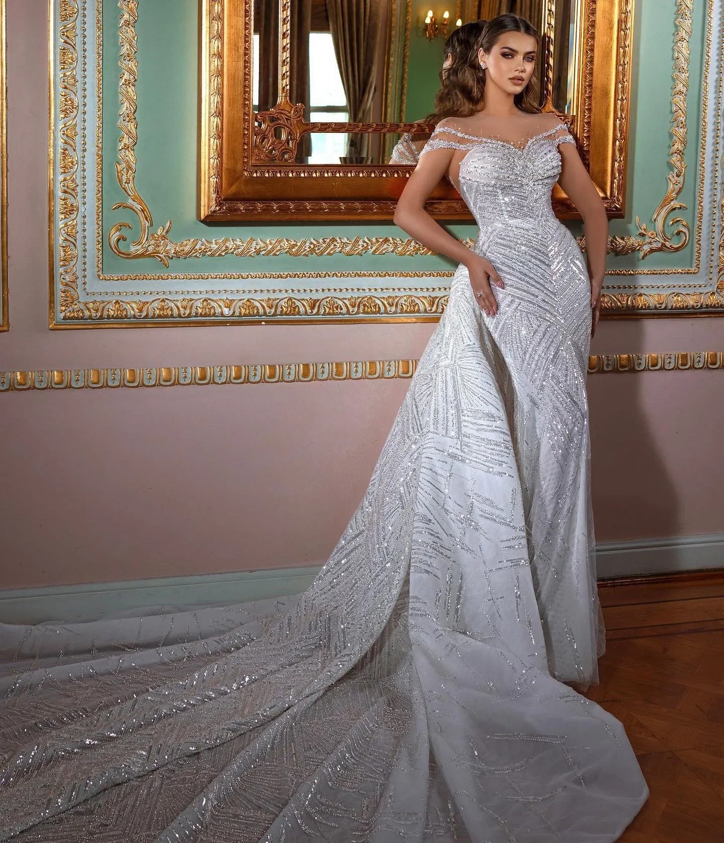 Sparkly Wedding Dresses Sequins Beading Gowns With Detachable Train Off Shoulder Rhie Bride Dress Vestidos De Novia 0219