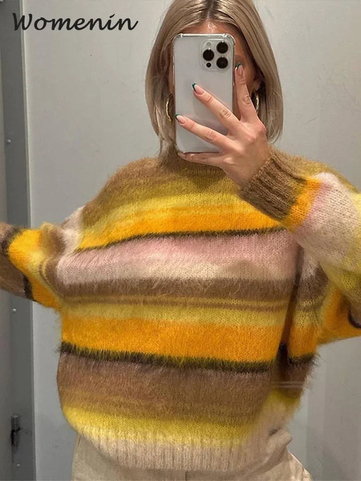 Fashion Womens Knitted Striped Mohair Sweater Vintage Oneck Long Sleeve Pullover Autumn Winter Lady Fluffy Street Jumper