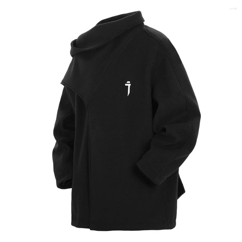 Men's Woolen Oversized Turtleneck Jacket With Scarf Design - Black, Haruku Streetwear For Spring