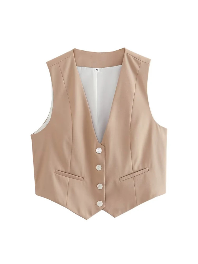 Aoaiiys Vest Women Cropped Waistcoat Fashion Front Buttons Tops Vintage V Neck Sleeveless Female Outerwear White Chic Vests 241121