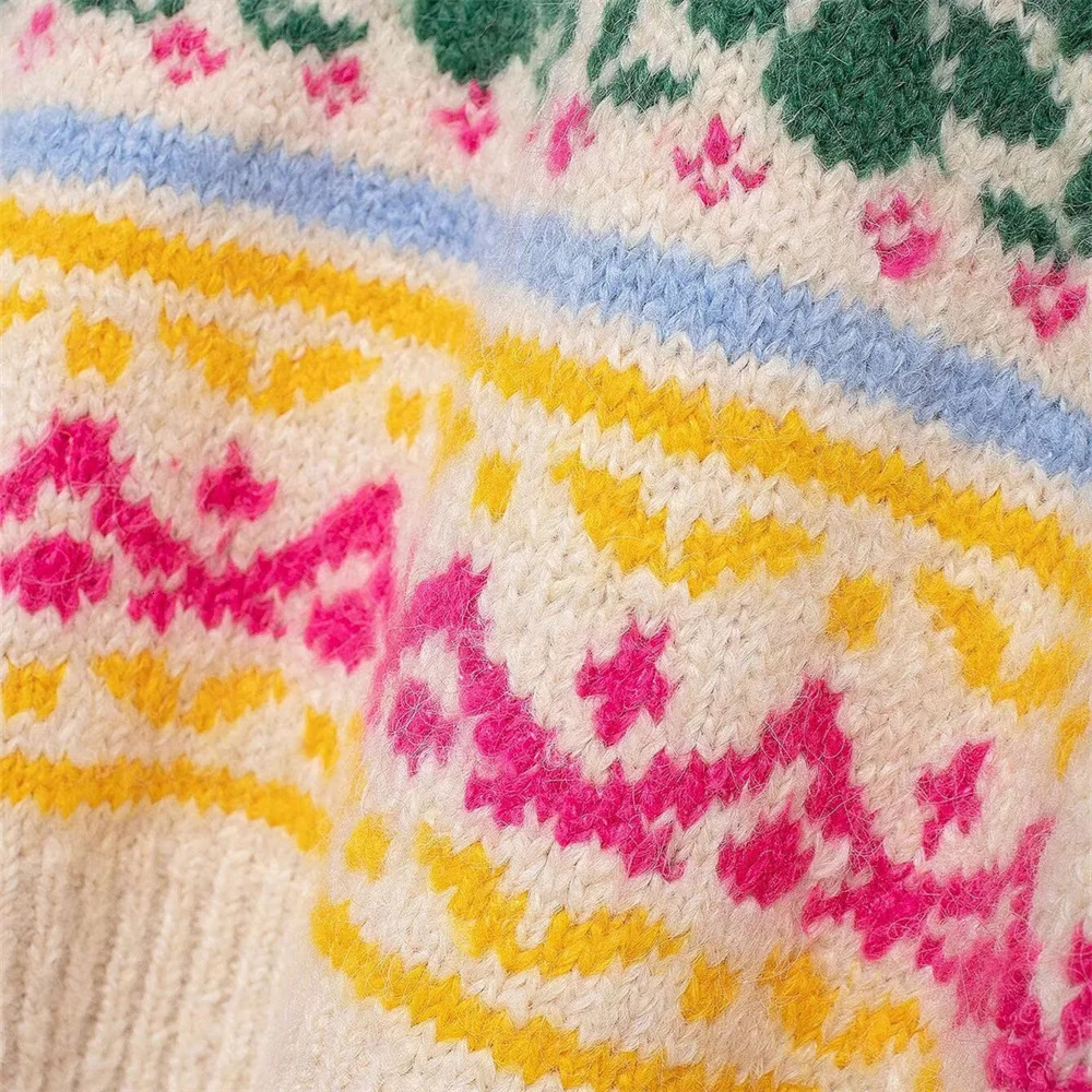 Autumn and winter casual womens clothing fashion contrasting jacquard knitted round neck pullover sweater 241126