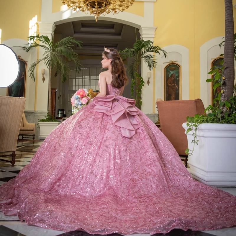 Pink Shiny Quinceanera Dresses 2025 Beading Crystal Tull Sweet 16 Birthday Party Gown Corset Vestidos De 15 Anos Miss Prom Pageant