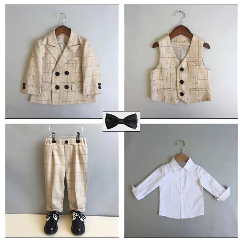 Child Formal British Plaid Dress Suits Set Spring And Autumn Boys Birthday Party Wedding Piano Show Costume Kids Blazer Pants 241126