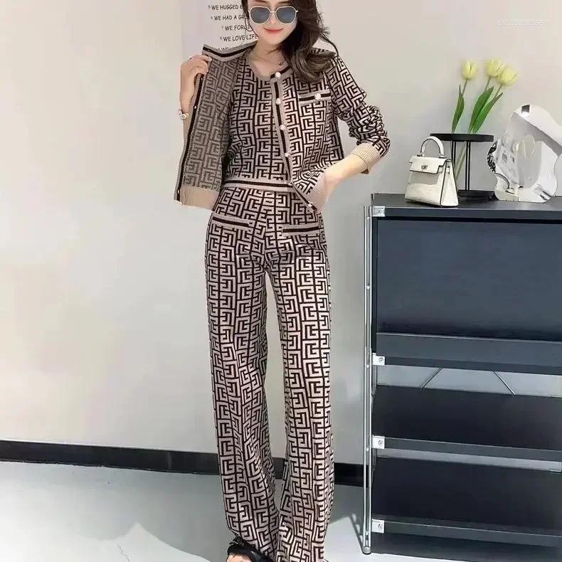Women's Two Piece Pants WONST 2024 Autumn And Winter Vest Top High Quality Button Knitted Cardigan Wide Leg Trousers Plaid Jacquard