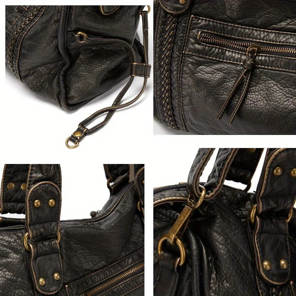 Soft leather retro shoulder bag messenger bag large capacity handbag Y2K motorcycle bag 241126