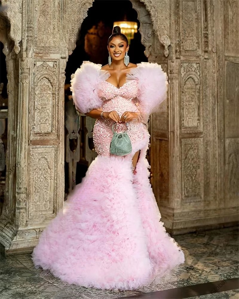 Pink Sequin African Prom Dresses 2025 Aso Ebi Ruffles Sweetheart With High Split Birthday Party Gowns Customized