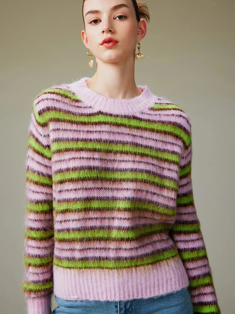 Women Soft Striped Roundneck Sweater Autumn In Pink Thin Pullover Korean Fashion High Street 241126