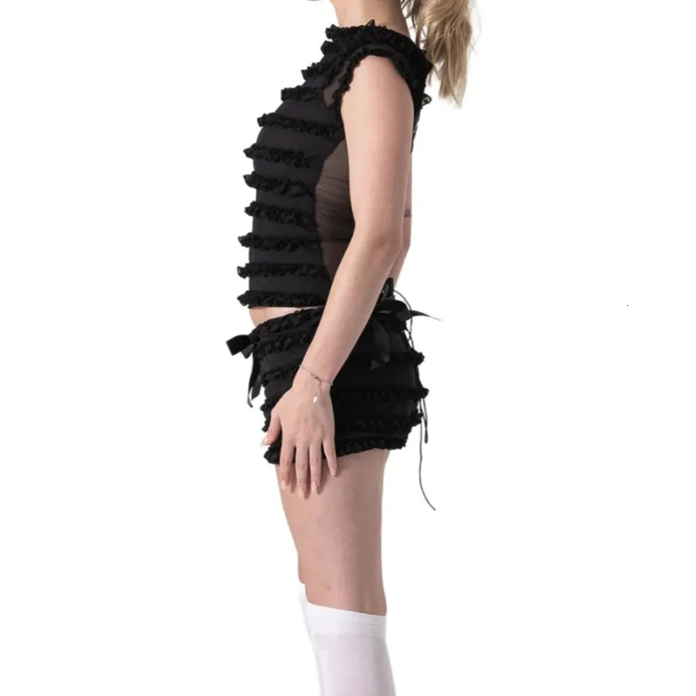 Sweet Spice Girl Wooden Ear Side Hollow Out Strappy Camisole Tank Top Women Summer Lace Pom Shorts 2 Piece 240423
