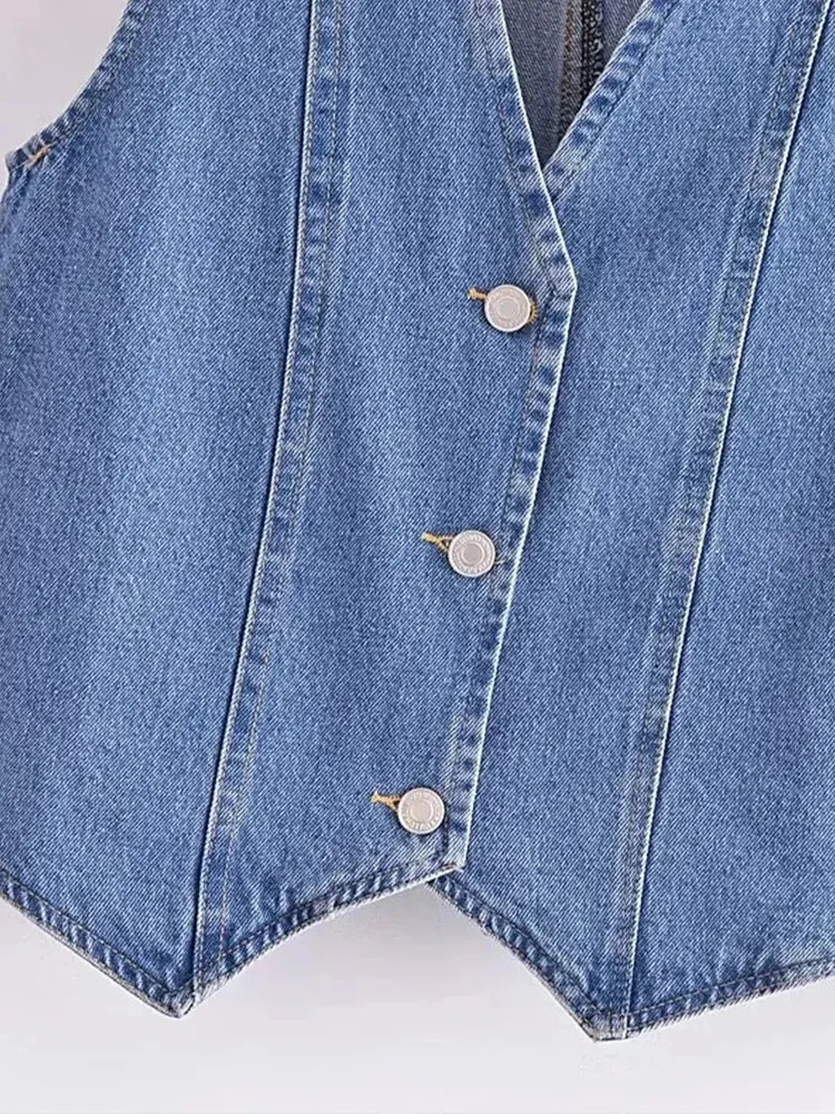 Nlzgmsj TRAF summer womens short denim blue vest fashion V-neck sleeveless ultra-thin womens casual single chest button vest 241126
