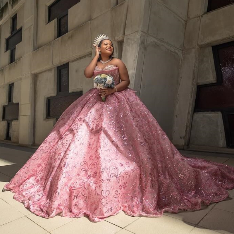 Pink Shiny Quinceanera Dresses 2025 Beading Crystal Sweet 15 16 Birthday Party Gown Corset Vestidos De 15 Anos Miss Prom Pageant