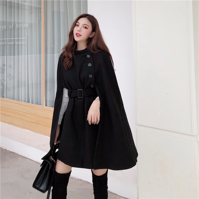 Autumn High Quality Woolen Cloth Shawl Cape Poncho With Belt Women Midlength Korean Sleeveless Casual Ladies Coats 241126