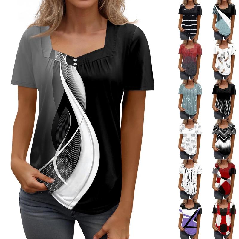 Womens T Shirts Shirtee Print Button Short Sleeve Daily Weekend Fashion Basic Square Collar Regularop Youthful Woman Clothes Cloth