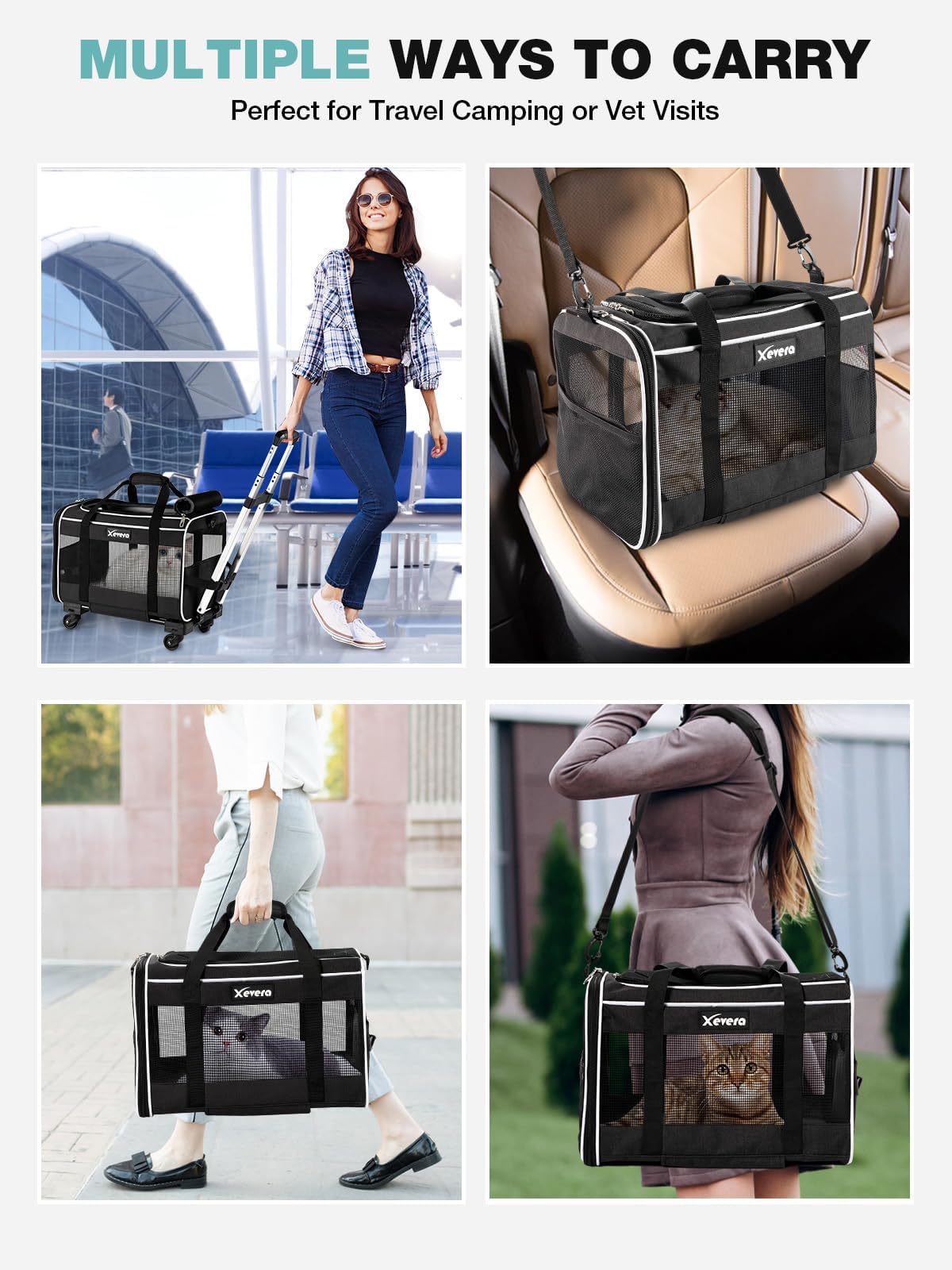 Xevera Cat Dog Carrier with Wheels Airline Approved Rolling Pet Carrier with Telescopic Handle, Shoulder Strap and Pet Bowl